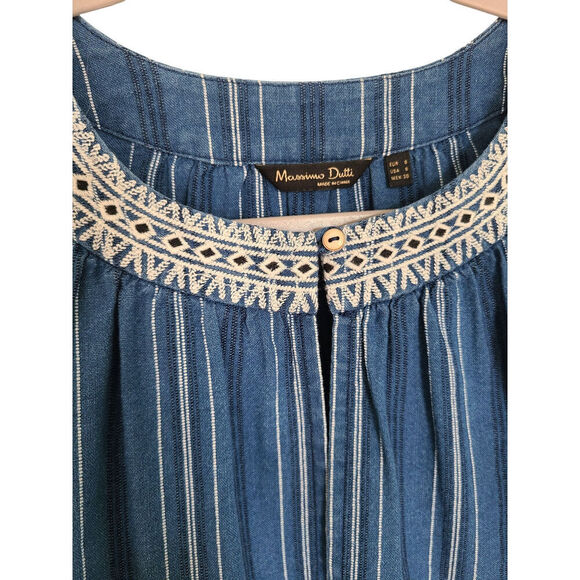 Massimo Dutti Blue Chambray Denim Embroidered 3/4 Sleeve Blouse Top Size Small - Picture 3 of 6
